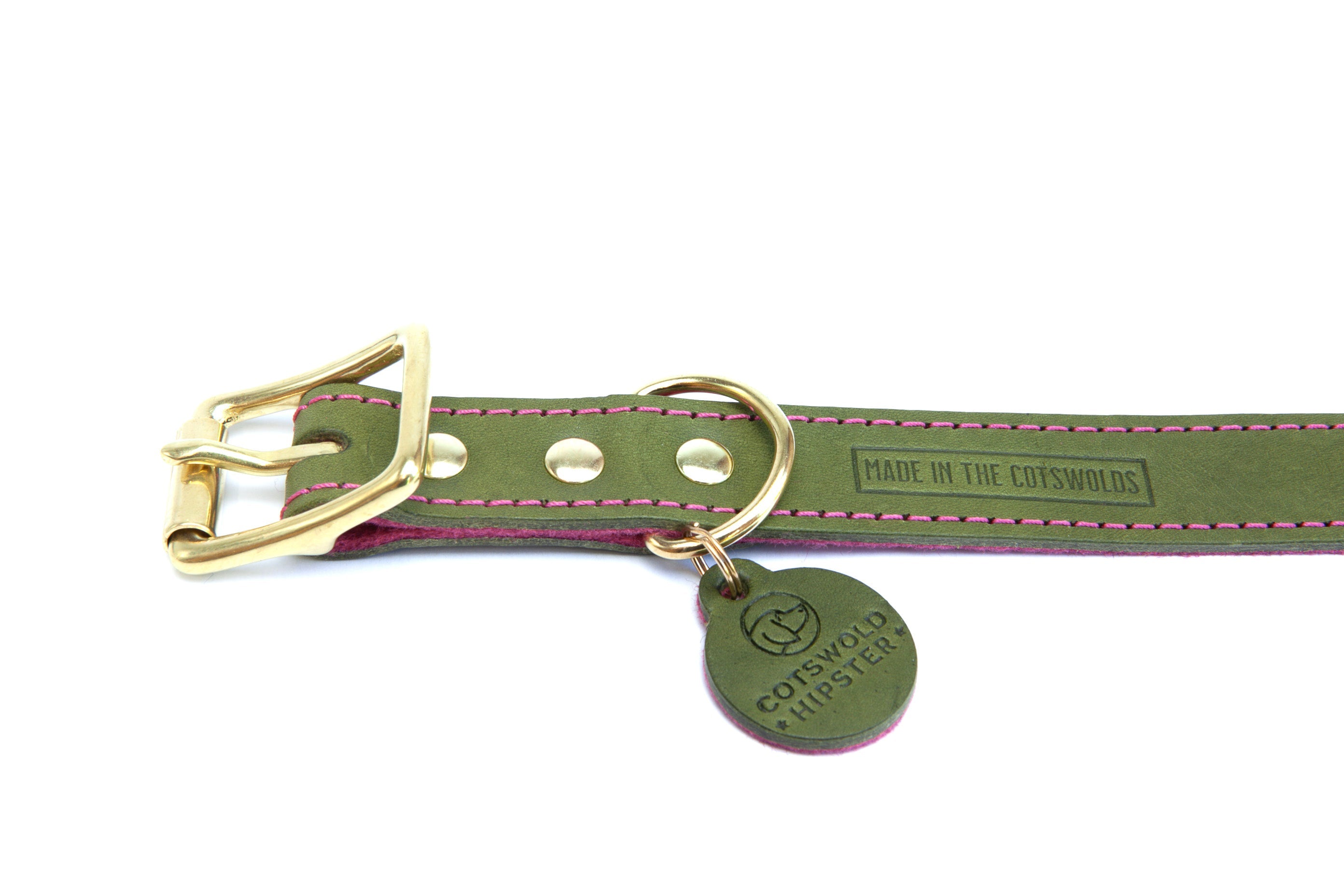Leather and felt dog collar - Olive and raspberry