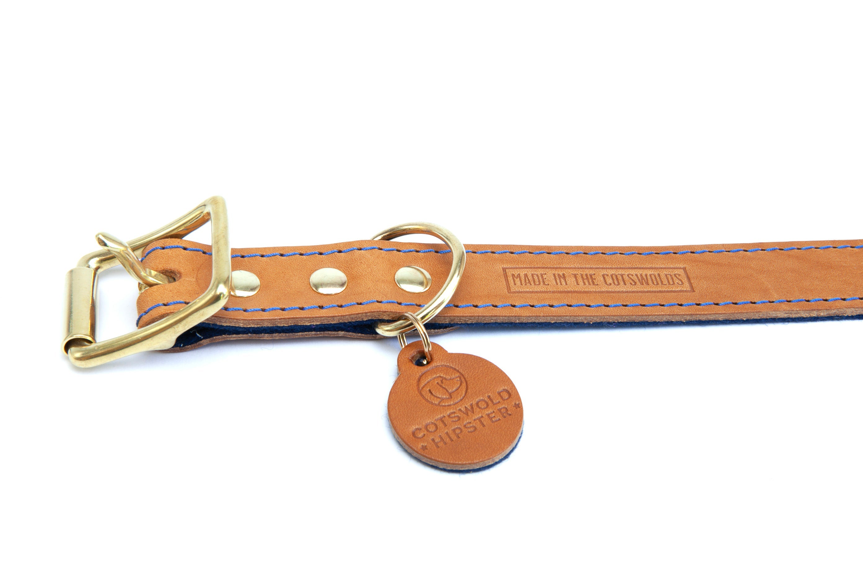 Leather and felt dog collar - Tan and marine