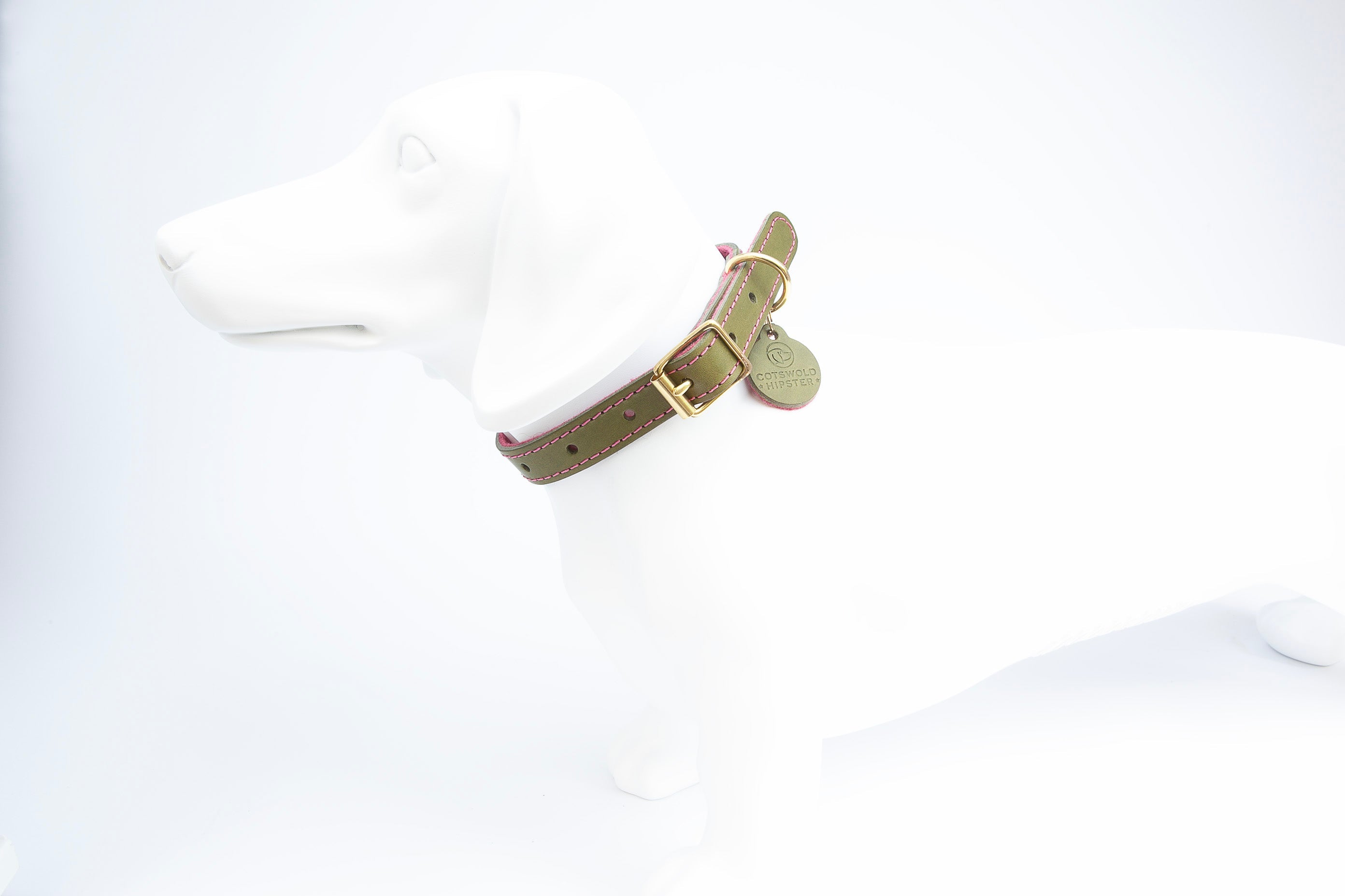 Leather and felt dog collar - Olive and raspberry